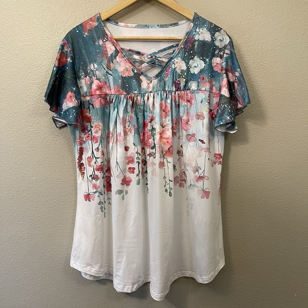Floral Fairy‎ Tunic Top Flutter Sleeve Strap Chest Detail Soft Whimsy Size XXL